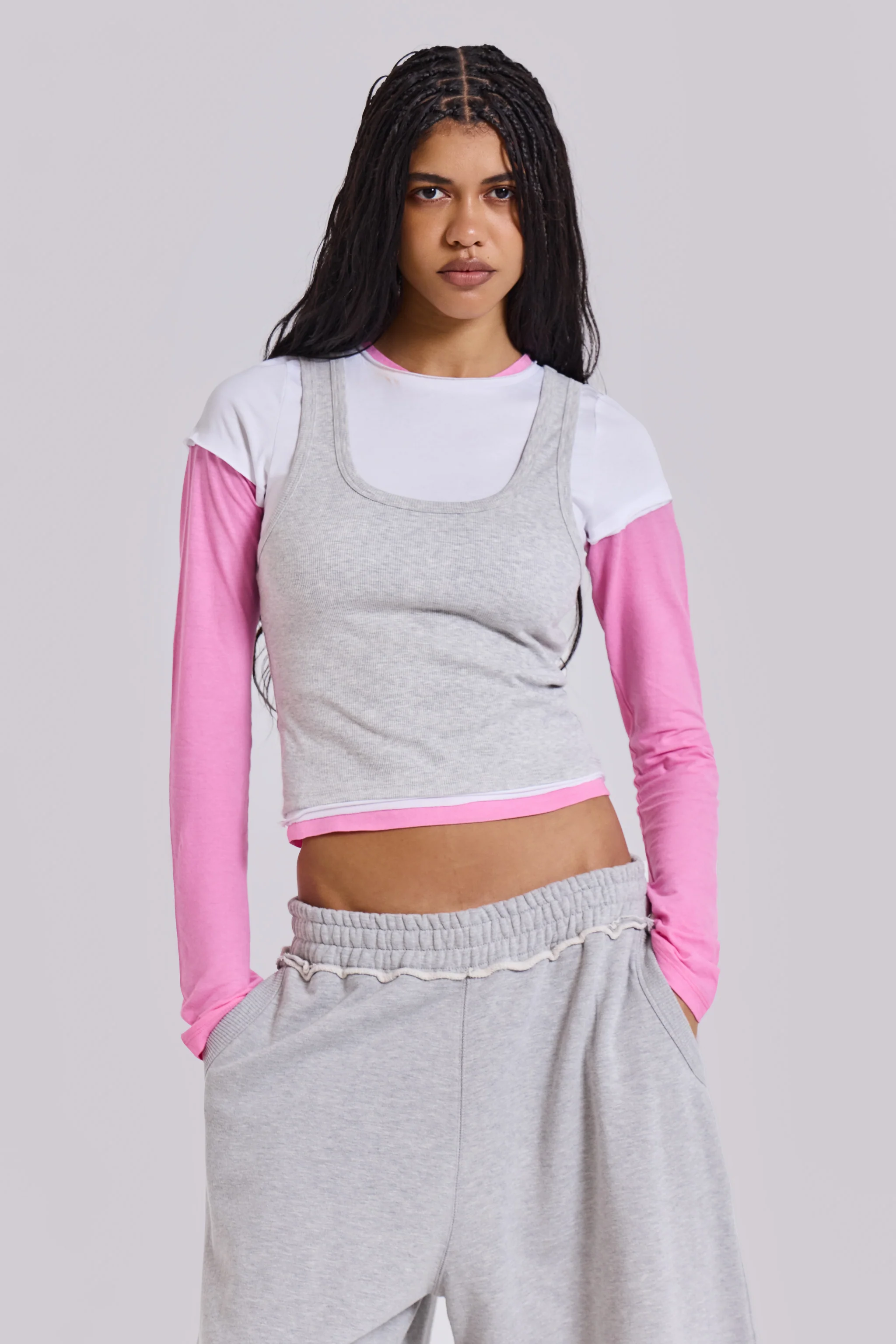 Lexie Triple Layer Long Sleeve Top in Grey Marl