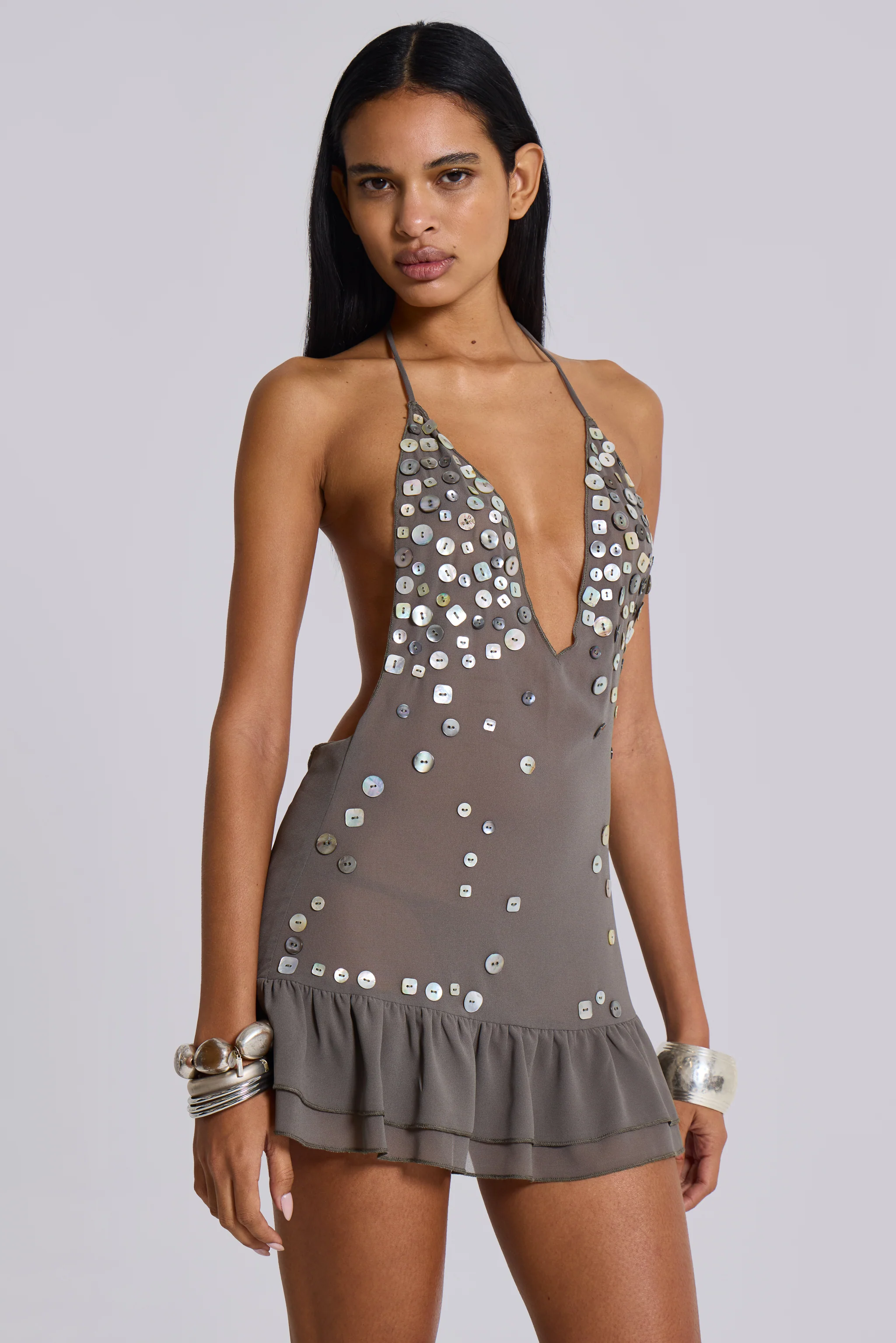 Button Me Up Mini Dress in Grey - Image 3