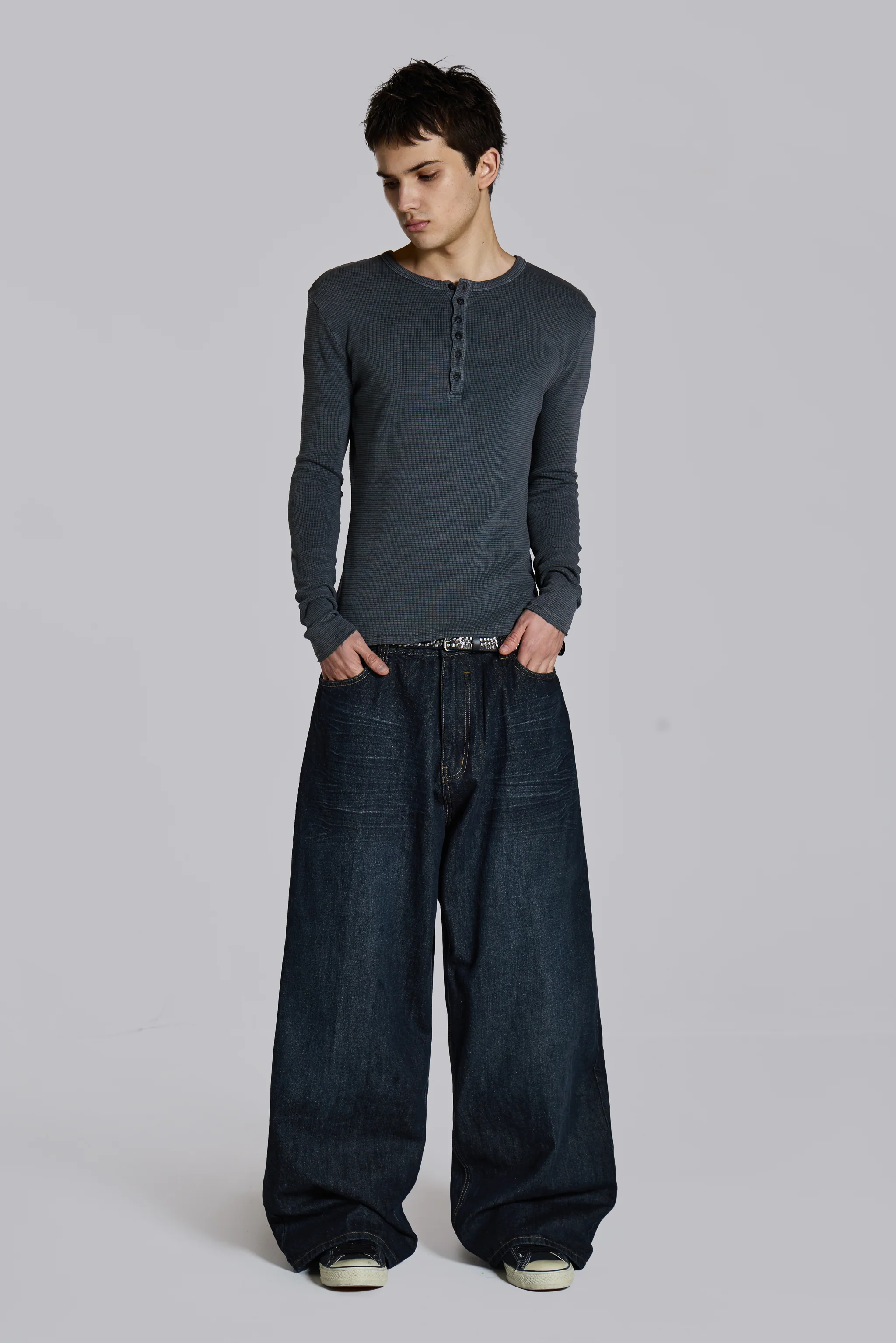 Charcoal Waffle Henley Top - Image 13