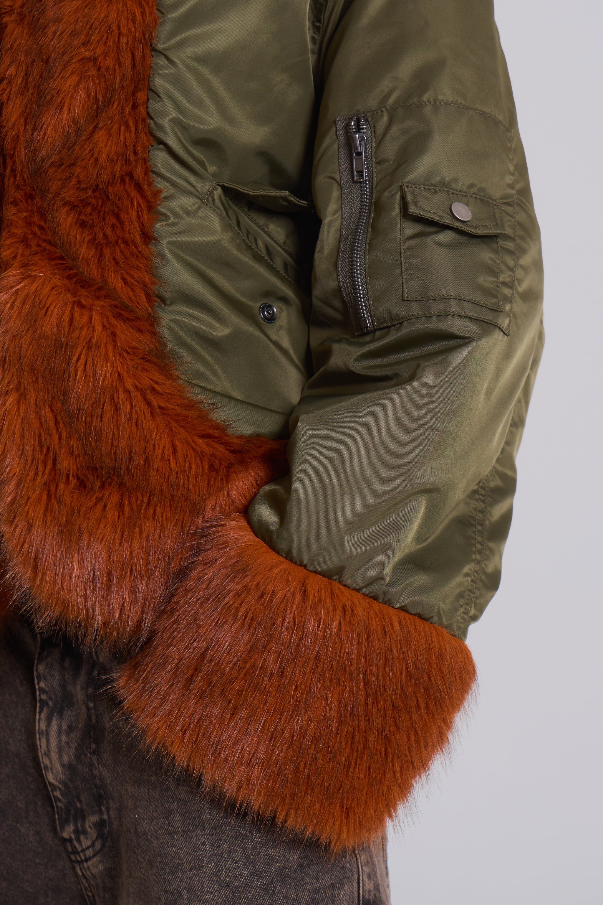 Evren Faux Fur Bomber Jacket in Khaki - Image 7