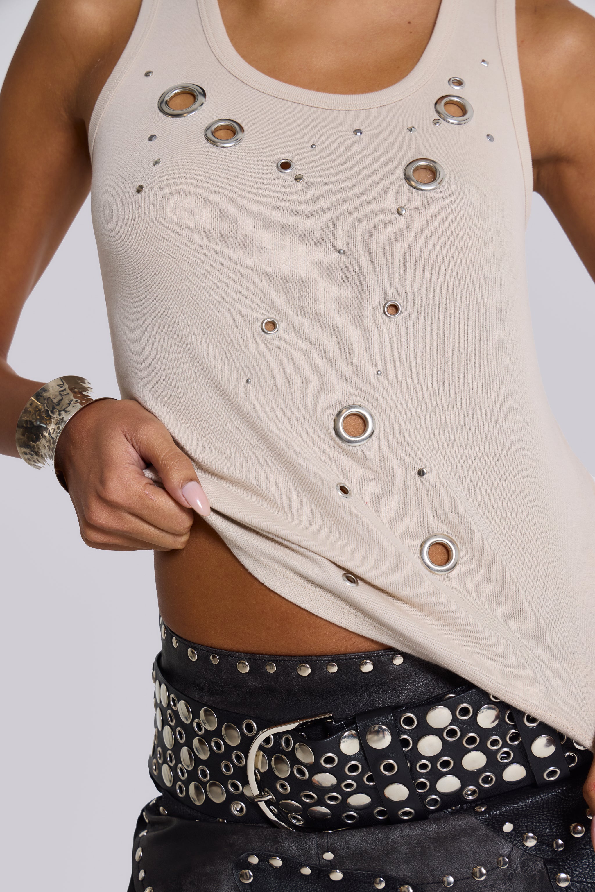 Eye Contact Vest Top With Eyelets in Beige - Image 6