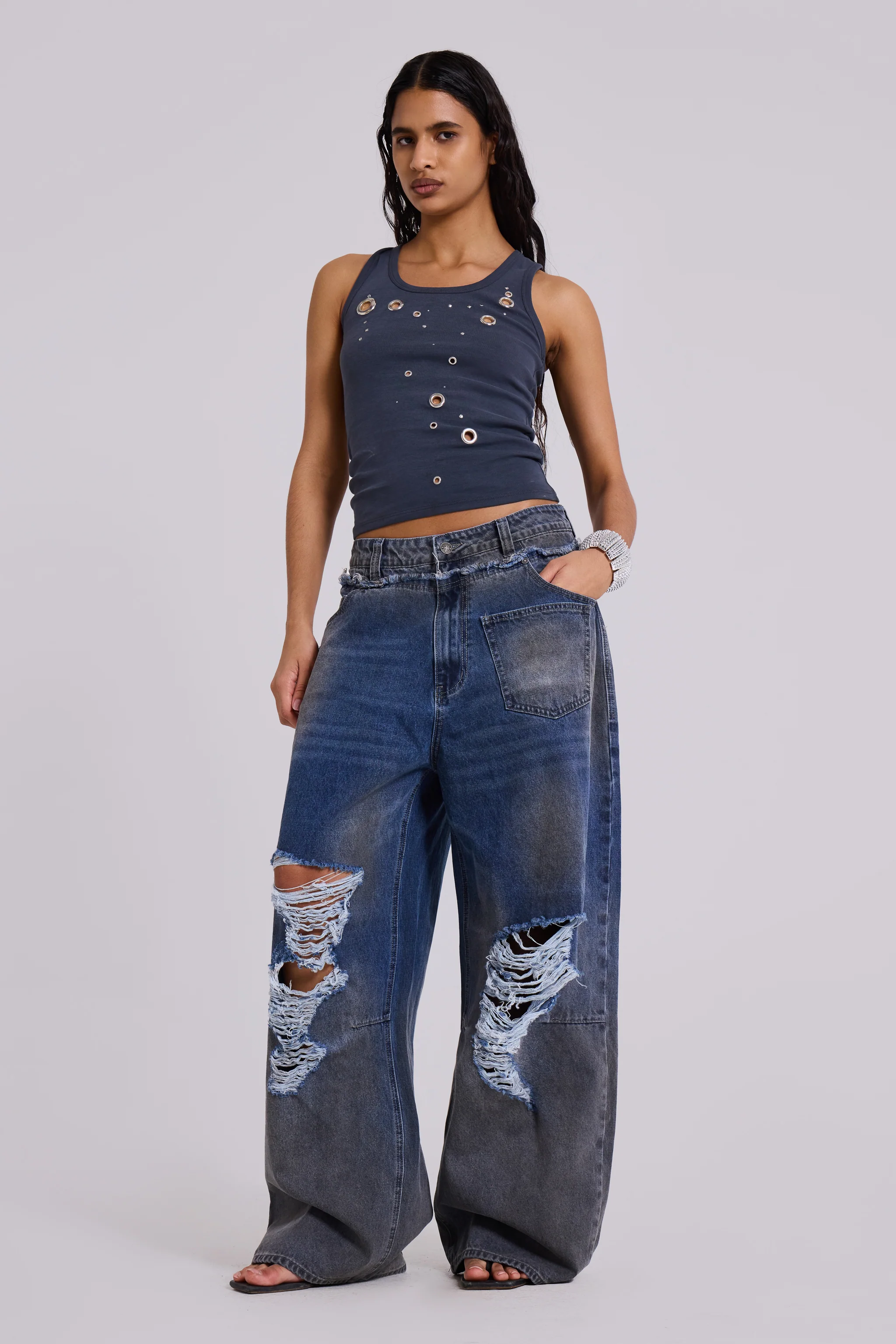Eye Contact Vest Top With Eyelets in Grey - Image 7
