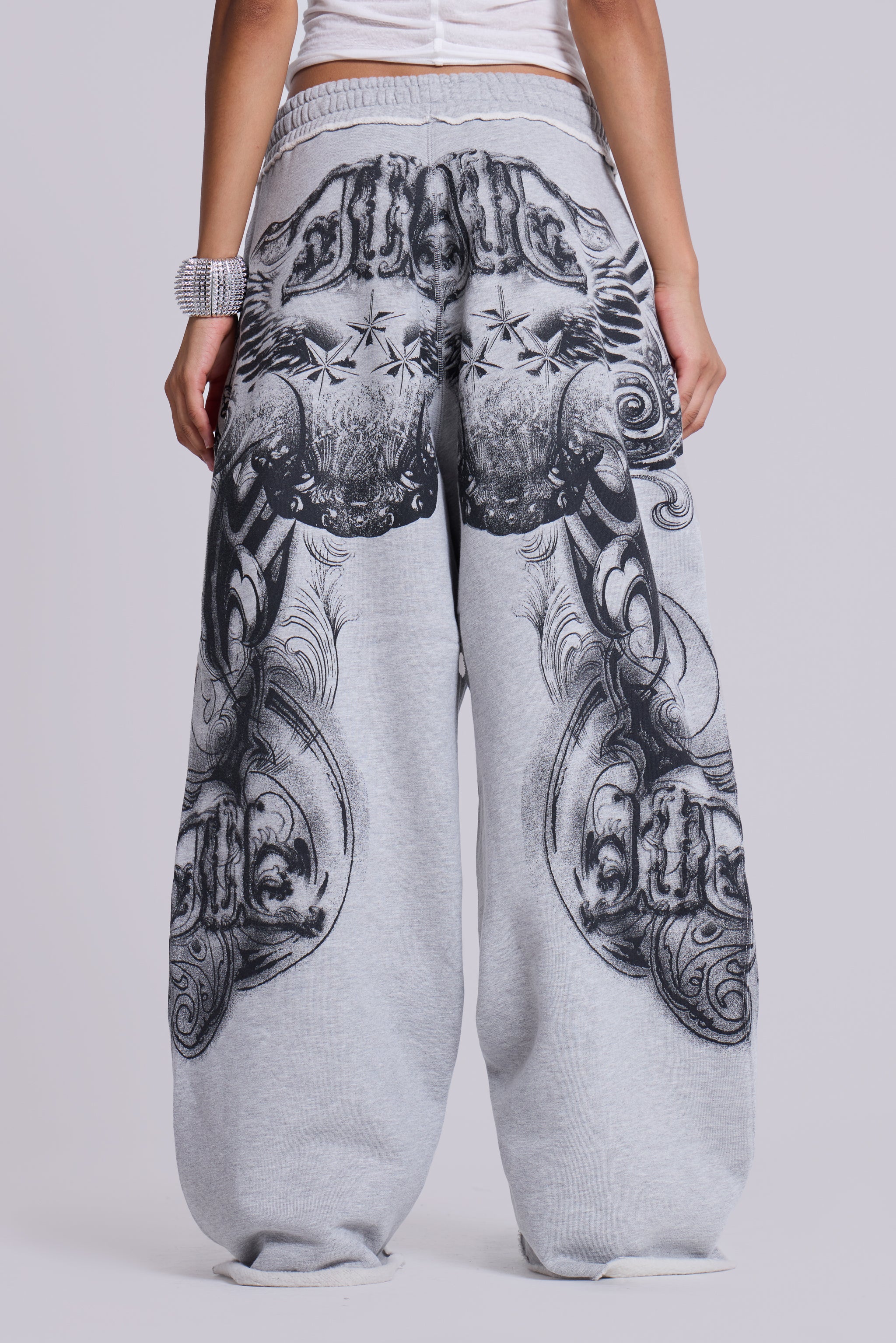 Grey Marl Gothic Print Baggy Monster Joggers - Image 3