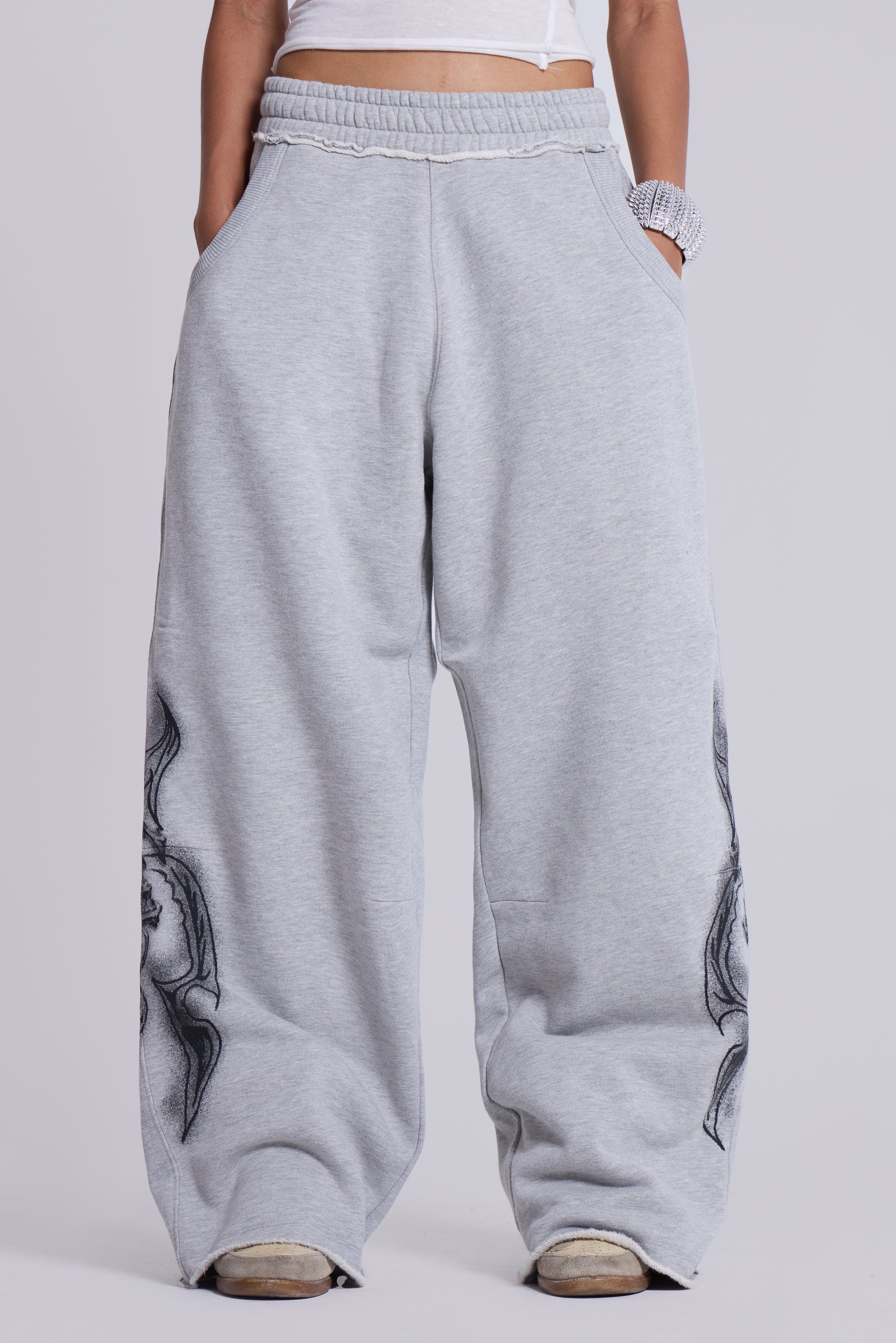 Grey Marl Gothic Print Baggy Monster Joggers - Image 5