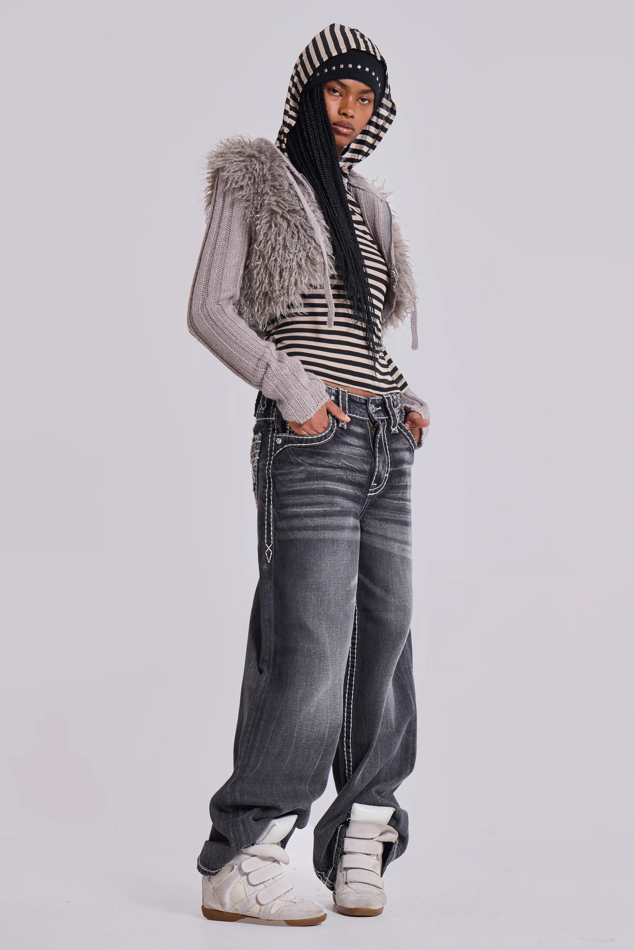 Haka Mongolian Faux Fur Knit Shrug in Grey - Image 5