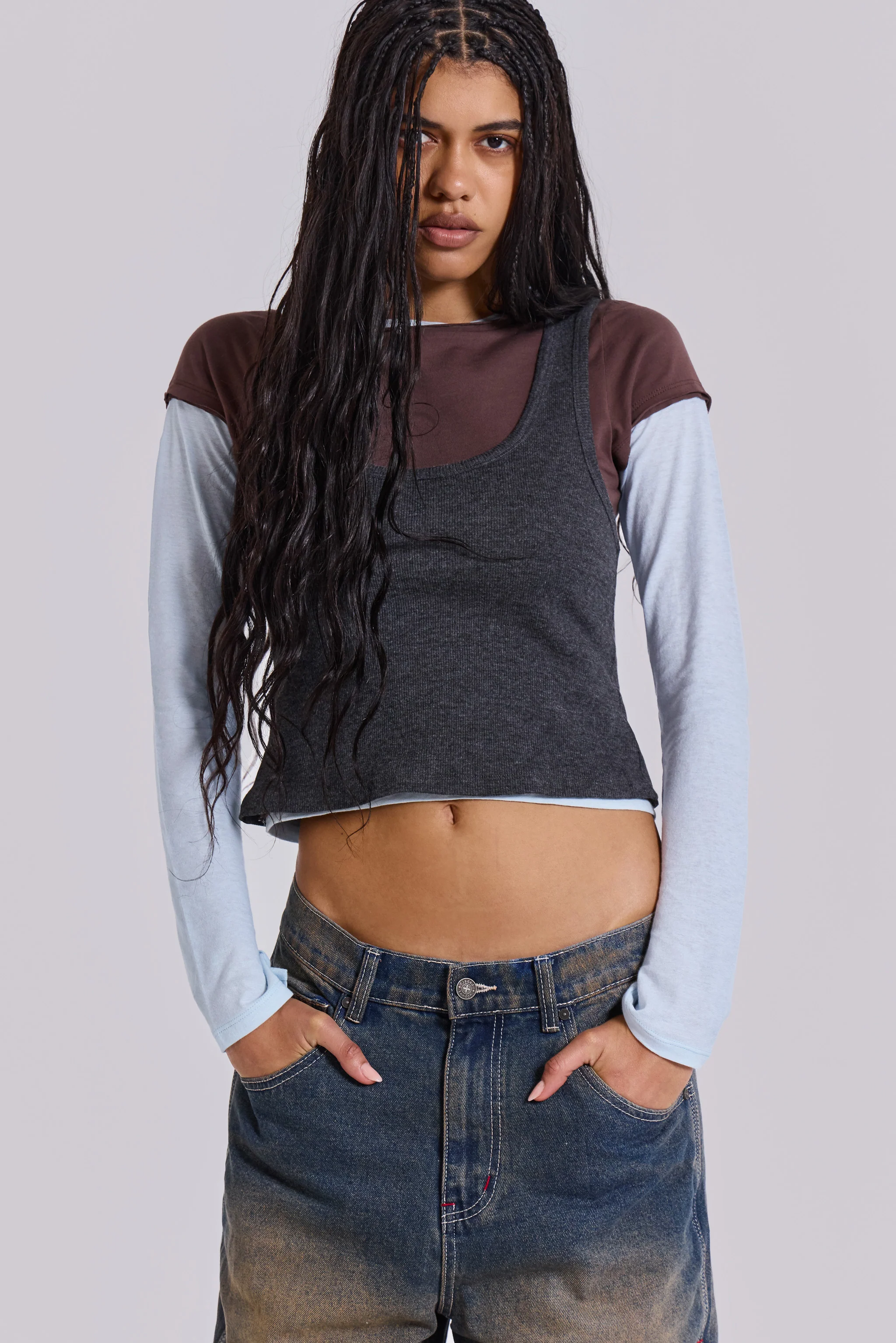 Lexie Triple Layer Long Sleeve Top in Grey - Image 2