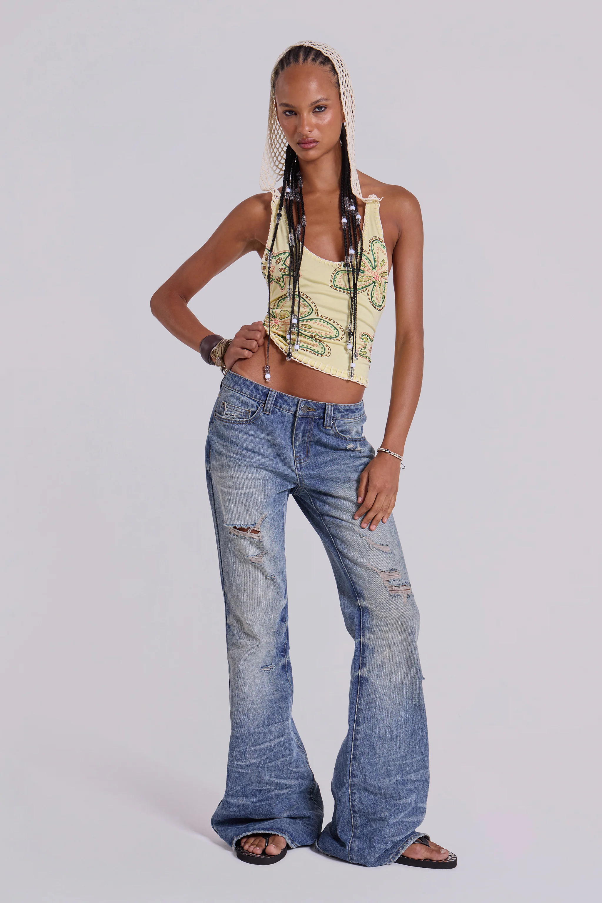 Mid Blue Distressed Creased Drift Flared Jeans - Image 4