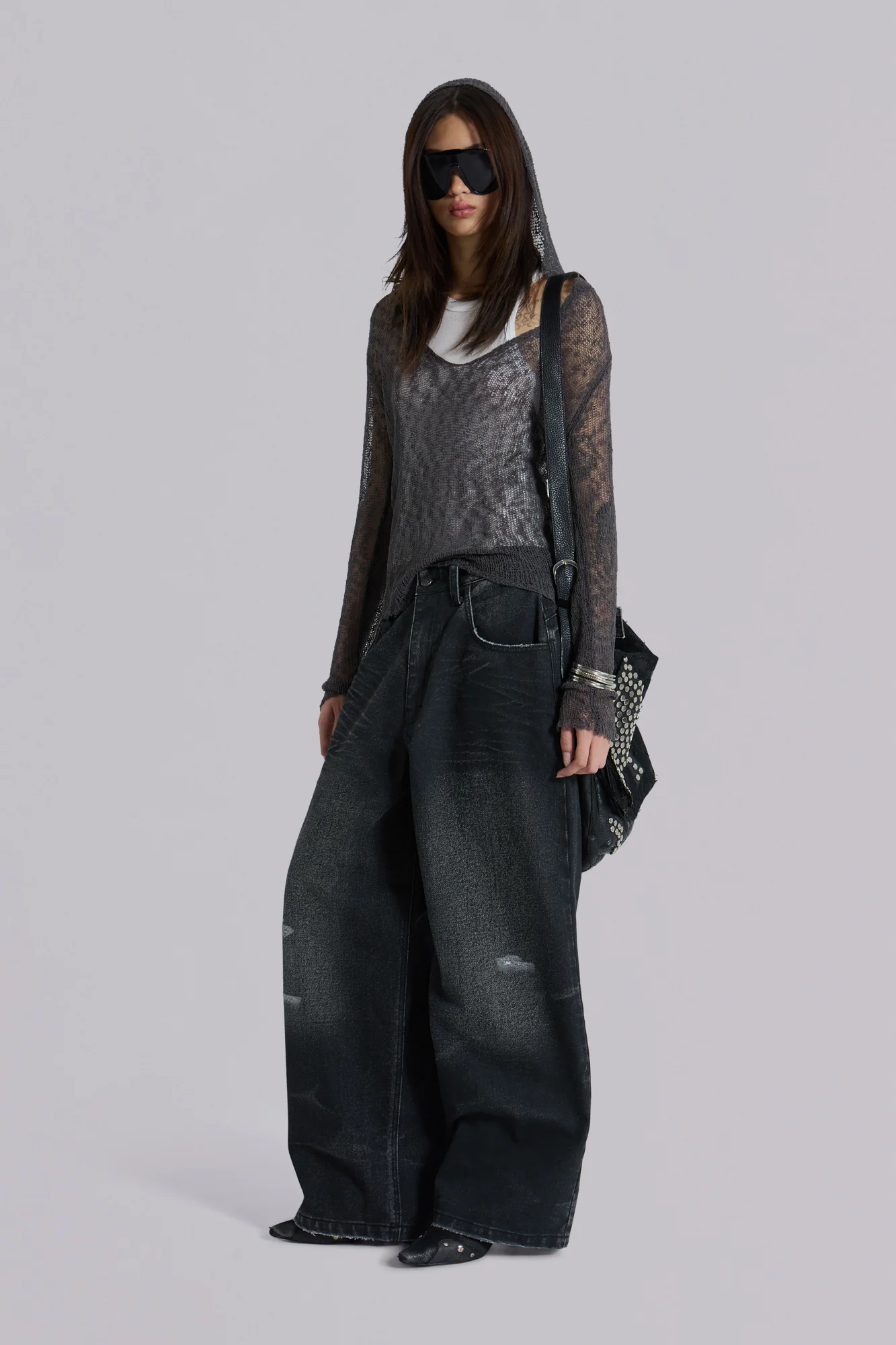 Naia Loose Knit Hooded Top in Charcoal - Image 5