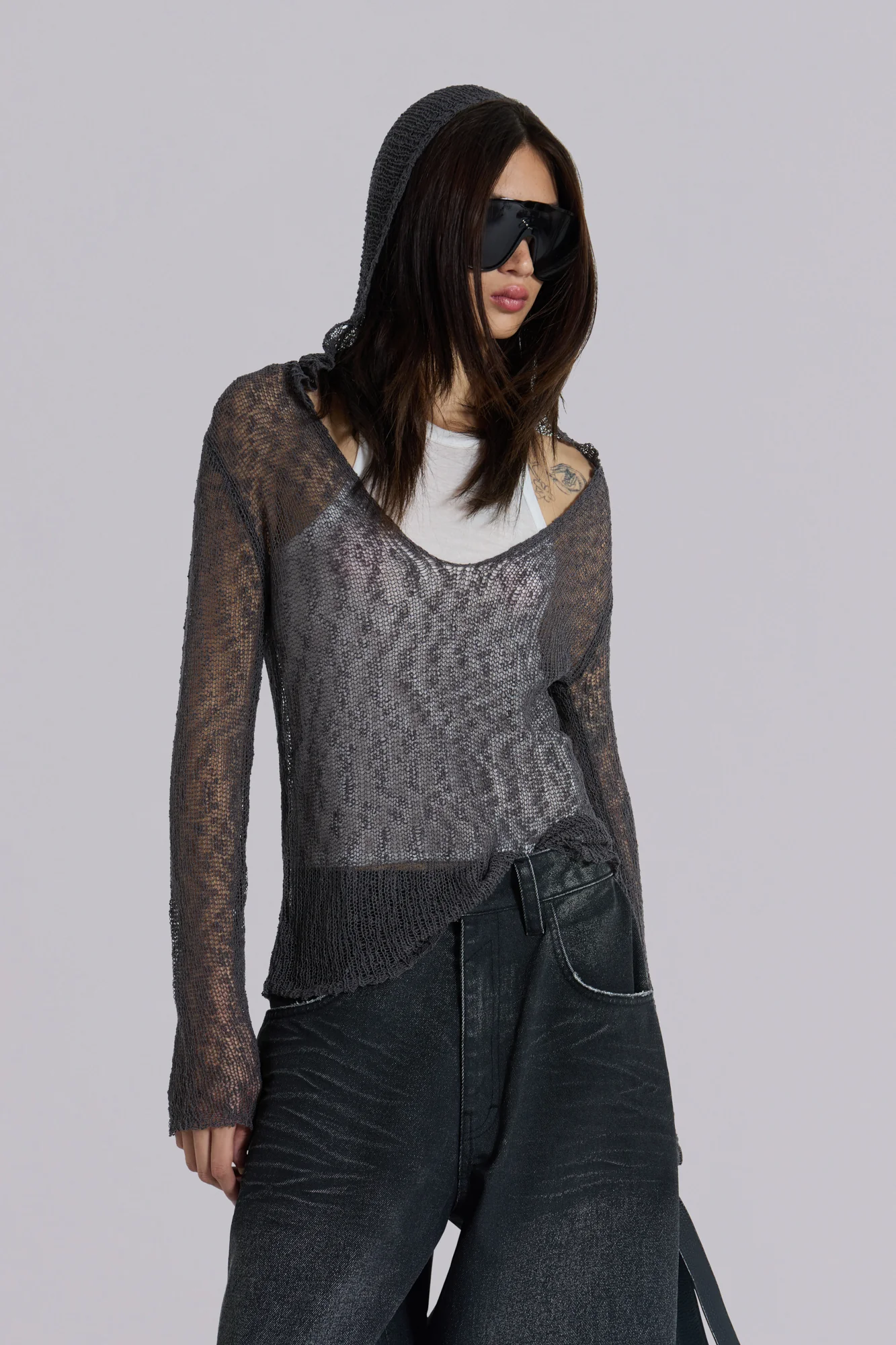 Naia Loose Knit Hooded Top in Charcoal - Image 6