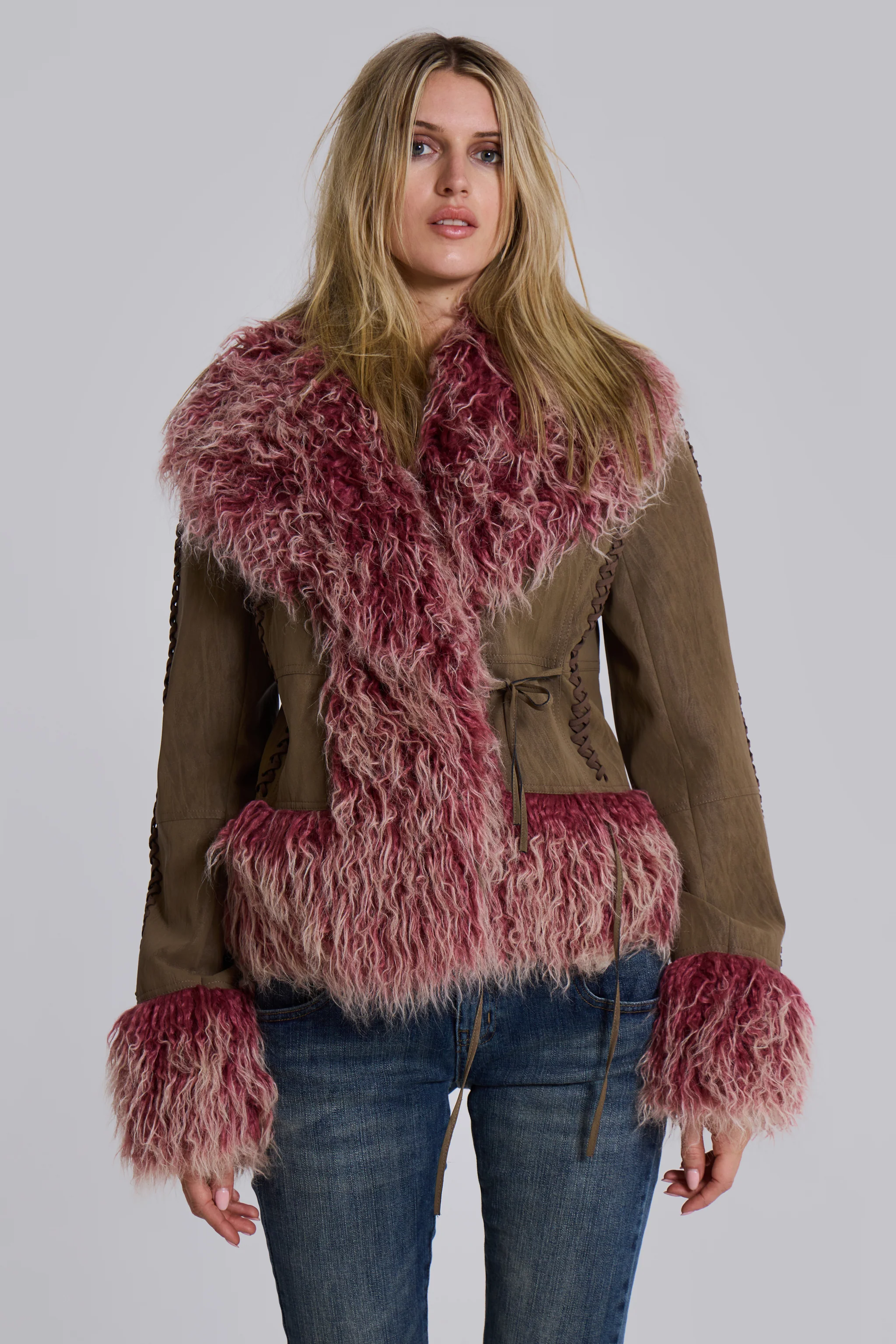 Leonie Faux Mongolian Fur Trim Coat in Quartz - Image 3