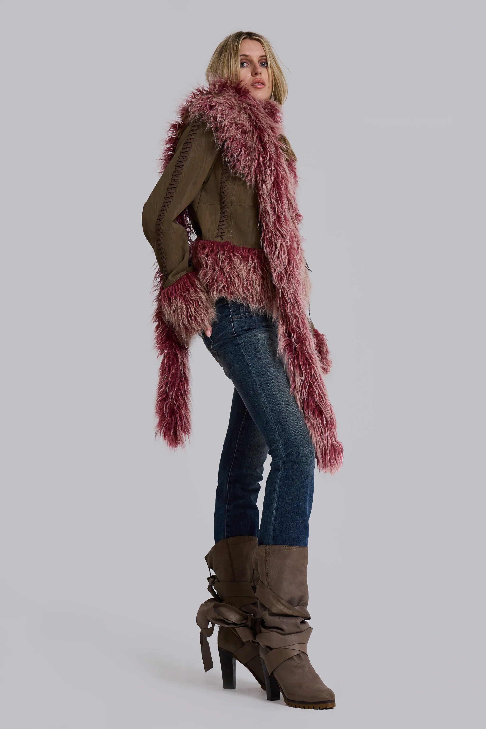 Leonie Faux Mongolian Fur Trim Coat in Quartz - Image 5