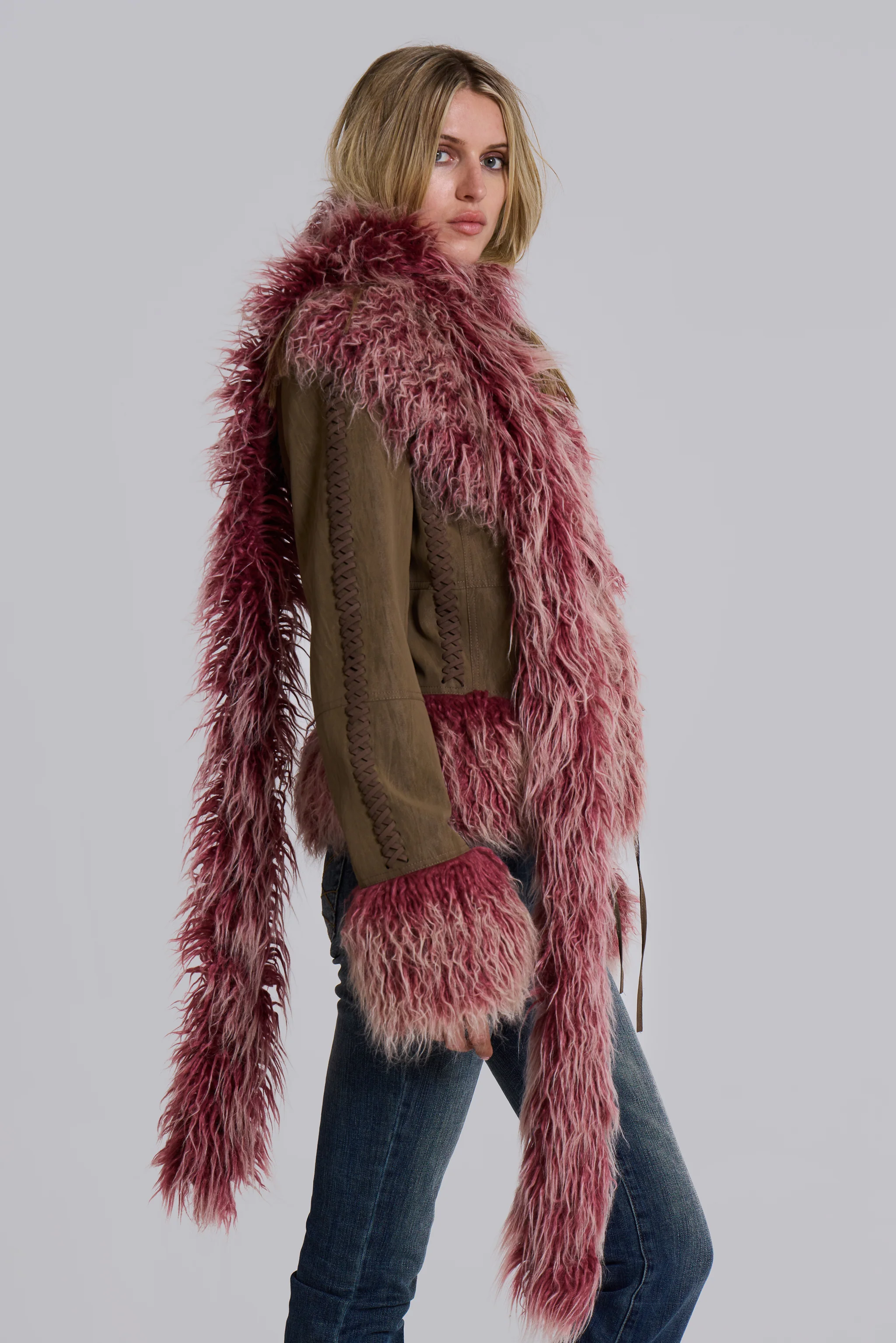 Leonie Faux Mongolian Fur Trim Coat in Quartz - Image 6