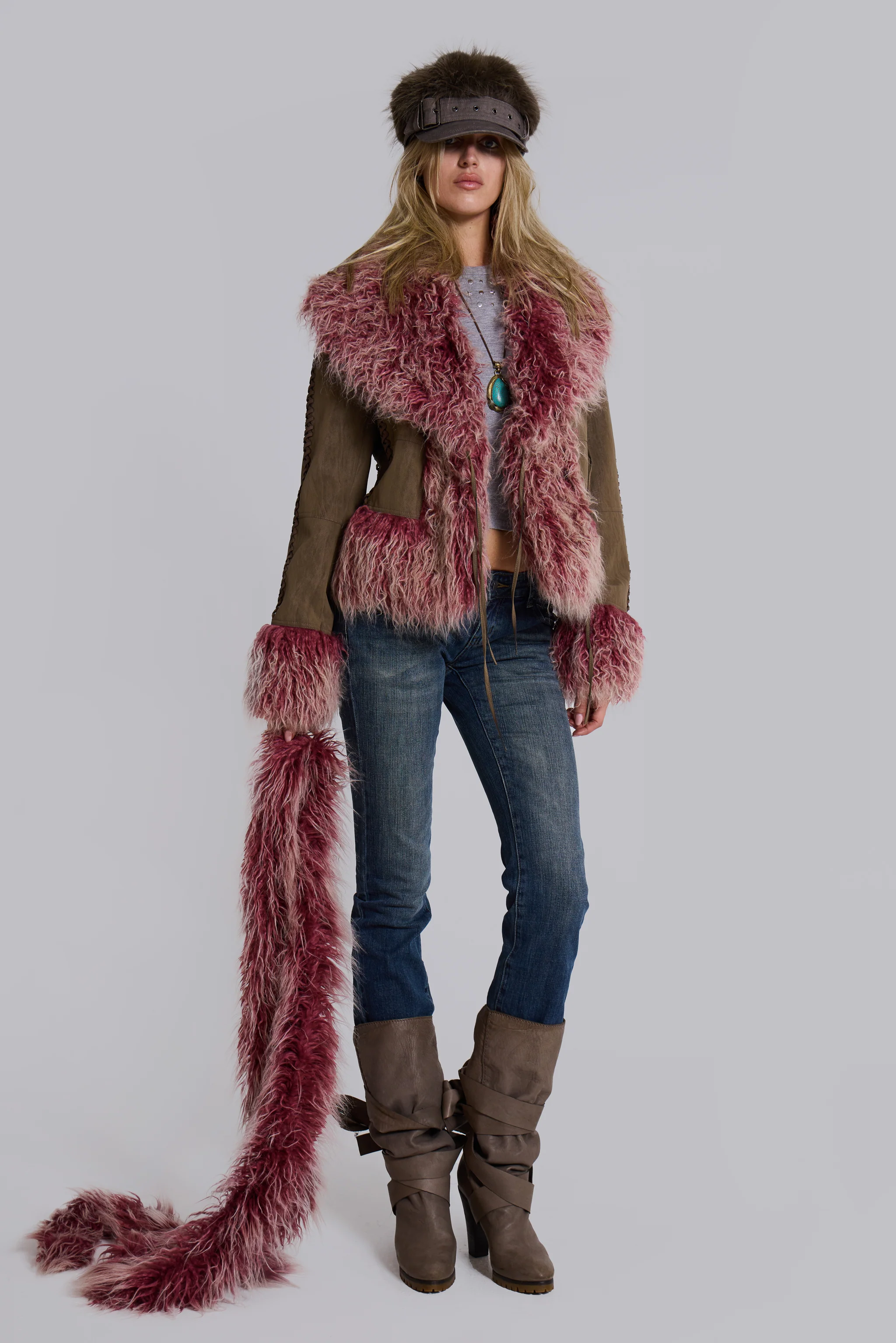 Leonie Faux Mongolian Fur Trim Coat in Quartz - Image 8