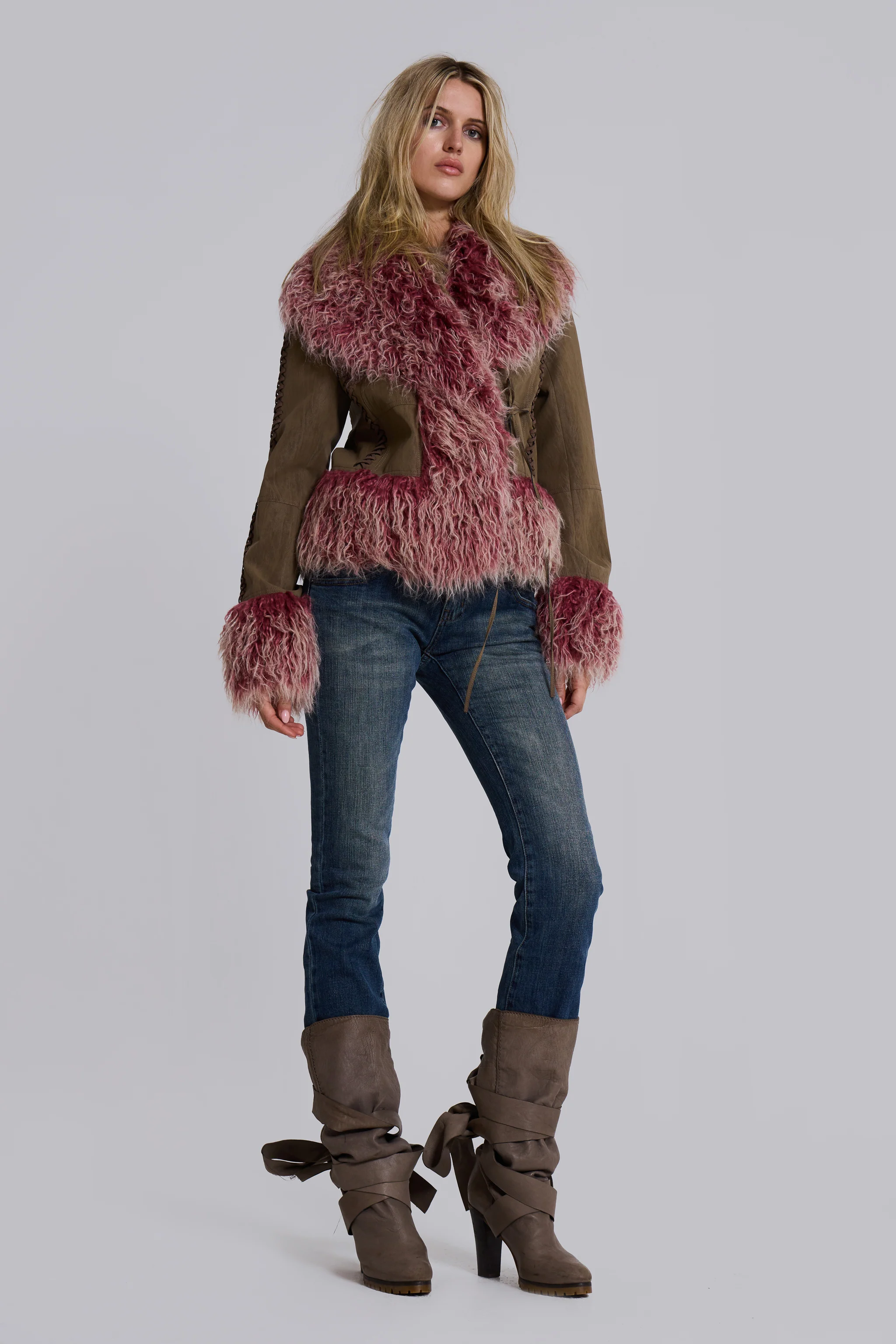 Leonie Faux Mongolian Fur Trim Coat in Quartz - Image 9