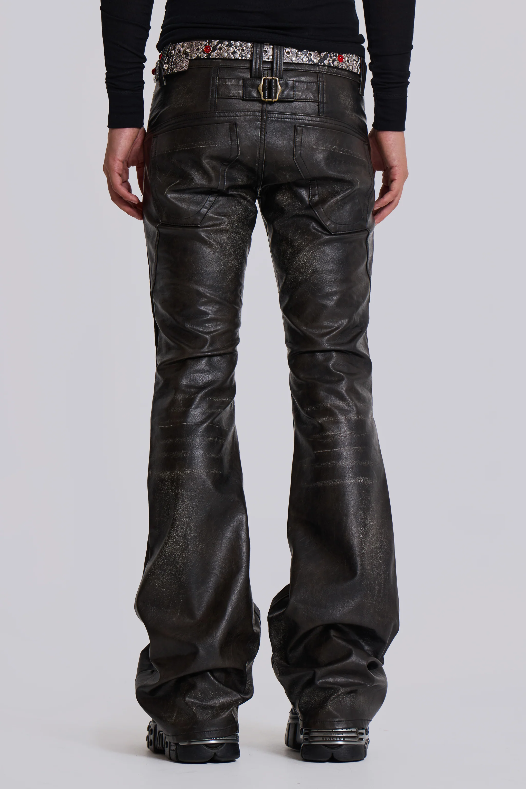 Washed Black PU Drift Bootcut Jeans - Image 5