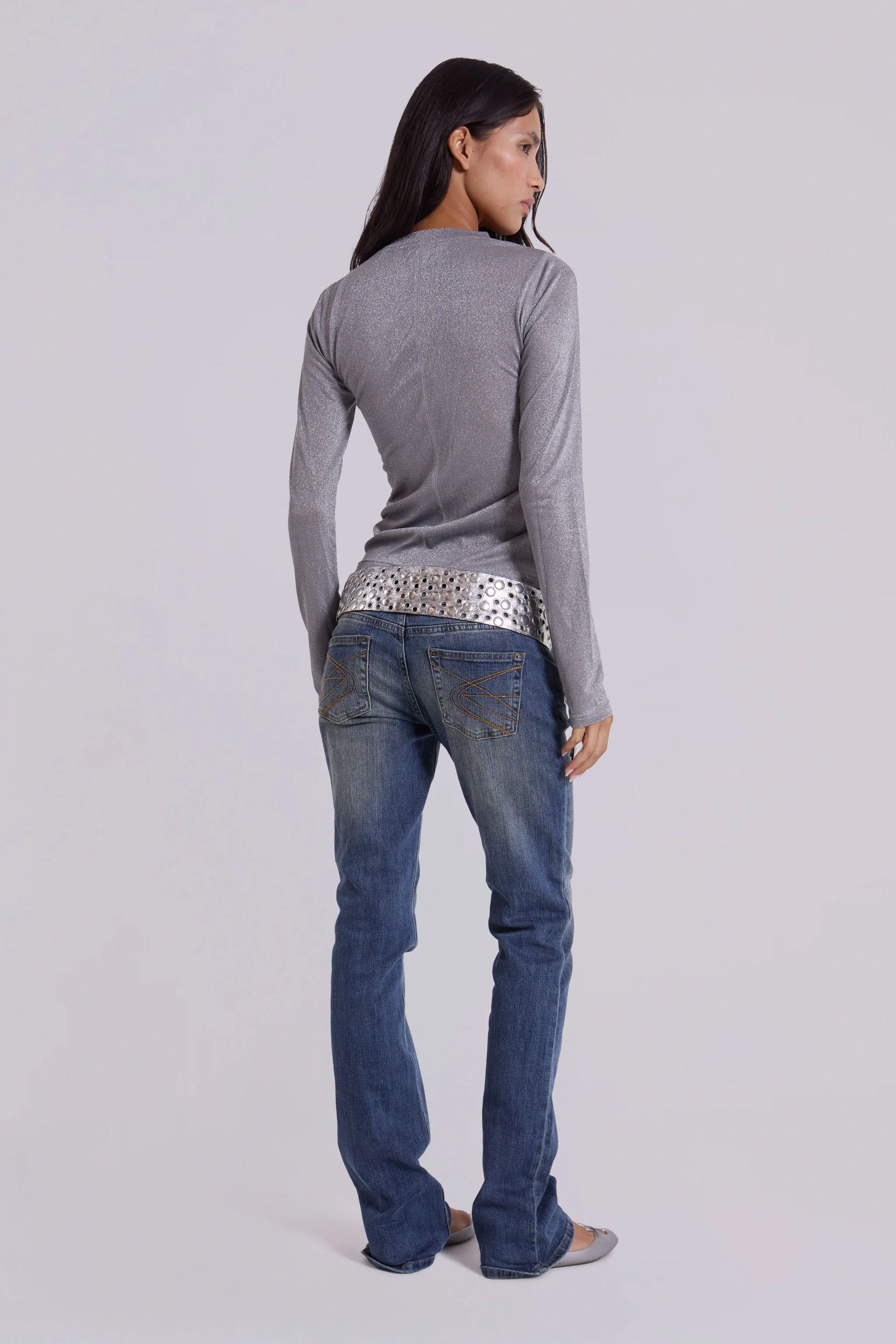 Xeni Glitter Long Sleeve Top in Silver - Image 9